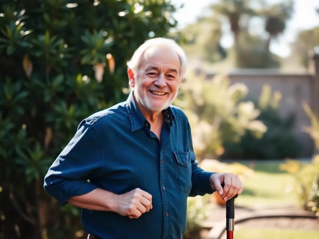 Older man with a walking cane in a garden, representing joint pain and arthritis patients